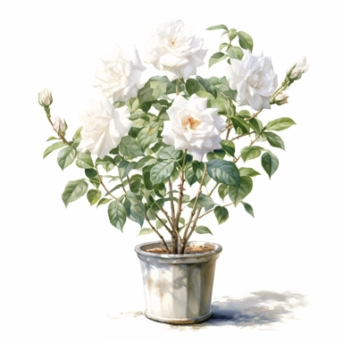 a simple gorgeous white rose flowers tree growing out from a pot on white background clipart, png, watercolor painting realistic, high quality, vibrant, Vicente Romero Redondo, Willem van Aelst, Elsa Beskow