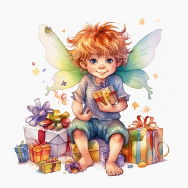 cute fairy boy Birthday party, illustration clipart, high detailed, white background, digital art, watercolor, hd