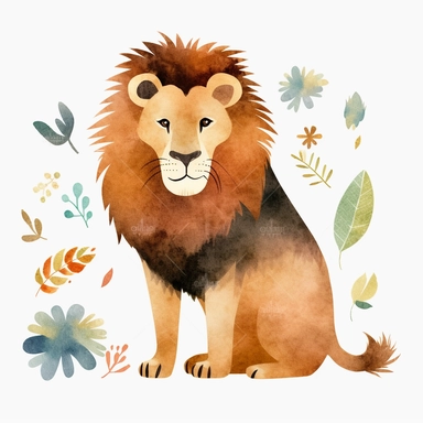 simplified lion clipart, simple shapes, no lines, no outlines, clipart most popular on etsy, featured on dribble, cartoon animals clipart, minimalist, computer vector graphic design clip art, watercolor illustration clipart, watercolour clipart, watercolor illustration for kids and children, book illustration, print on demand image, PNG transparent background