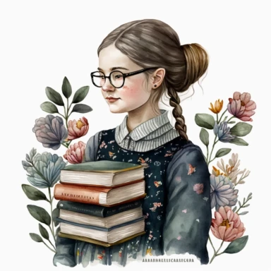 Dark academia librarian girl, folk art, sweden, watercolor, clipart elements, white background