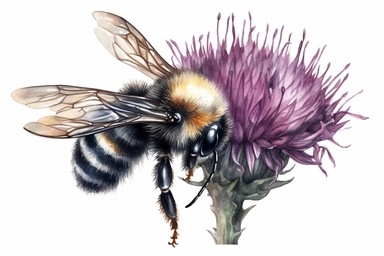 Aquarelle Bumble Bee Clipart On the thistle flower, detailed painting, white background, single design, isolated white background, 8k, spaced out