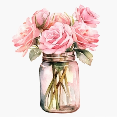 watercolor illustration, spring pink, roses, in clear glass, mason jars, clipart, line HD, png background