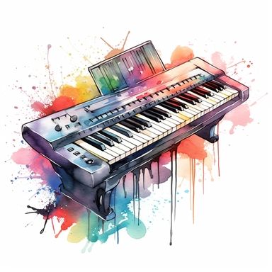 Electronic keyboard sharp illustration clipart, watercolor art, insane detail, white background