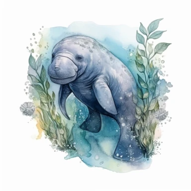 hand drawn Florida manatee, in crystal blue water, underwater with plants, very detailed and realistic, watercolor, white background with margins, clipart style
