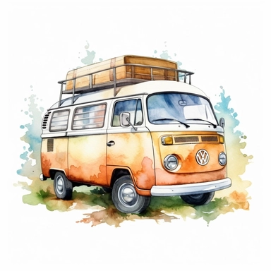 Vintage camping van clipart isolated on a white background. Watercolor hand painted tourist concept illustration. Happy camper design. Camping branding. Pastel colours