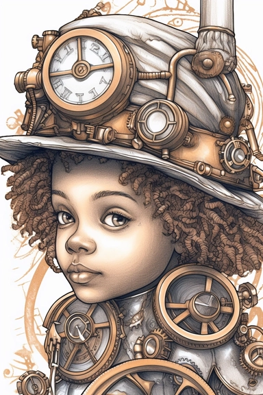 three quarter shot of a hand drawn coloring page of vintage steampunk gorgeous african american baby girl, clipart, white background