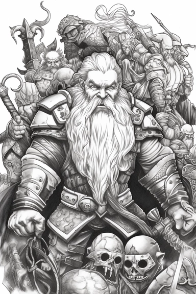 realistic style, bold black lines, fantasy dwarf armies in combat using axes and hammers hitting themed colouring page, bold black lines, clipart, digital art, colouring page for adults