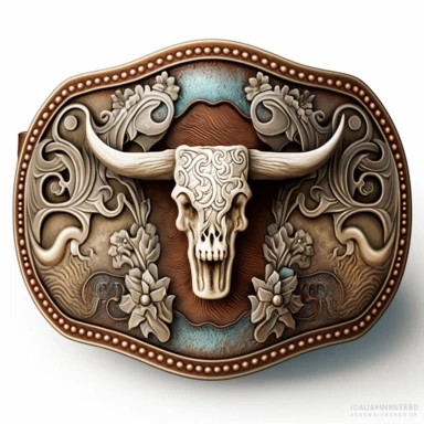 clipart, solid watercolor, realistic, detailed, isolated white background western belt buckle with skull clipart
