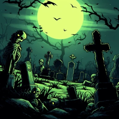 clipart, A spooky graveyard scene with tombstones covered in neon moss and glowing skulls emerging from the ground. The moon should cast an eerie glow, and bats should be flying overhead. Camera setup: Medium shot capturing the entire graveyard scene. Use a wide aperture to create a shallow depth of field, focusing on the glowing elements in the foreground