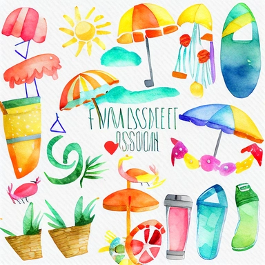 Please create a series of watercolor clipart illustrations featuring different items related to summer. Each illustration should be drawn in a charming and playful style that captures the beauty and vibrancy of the season. Items to include can be beach umbrellas, flip flops, sunglasses, ice cream cones, sandcastles, and seashells. Please use a coherent color palette that is bright, cheerful, and evokes the feeling of warmth and sunshine. Colors that are associated with summer, such as yellows, o