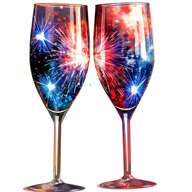 Fireworks Reflections on Glasses: Create clipart featuring fireworks reflections on a pair of glasses, such as sunglasses or champagne flutes. Use transparent and reflective effects to capture the unique and festive ambiance. patriotic pattern, stars and stripes, red white and blue, delicate detail, watercolor, in the style of artgerm, 2d game art, quadratura, clipart, on white background,