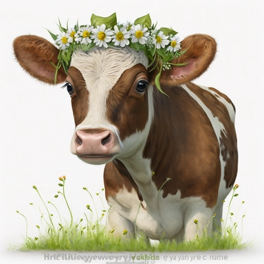 clipart of a cute dairy cow calf with a floral crown over one ear standing in a lush green meadow