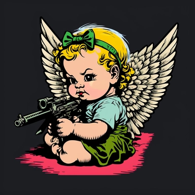 pop art baby sweat angel with machine gun K 112 drawing clipart animation realistic comic modern art