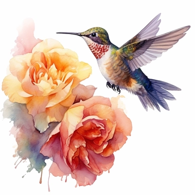 roses with a hummingbird in flight, Use a combination of vibrant colors and subtle variations in color to capture the freshness and vitality of the SCENE. Let the transparent and flowing nature of watercolors add a sense of lightness and movement to the painting, clipart, plain isolated white background, 8k ultra detail high sharpness