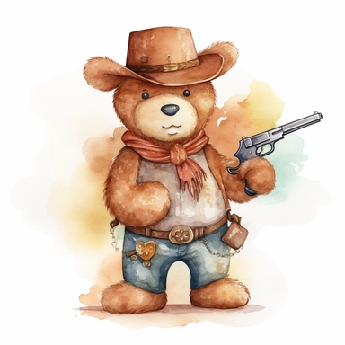 A cute watercolor clipart of a teddy bear dressed in Wild West cowboy attire, with a hat, boots, and a bandana around its neck. The bear has a confident stance and a revolver in its holster