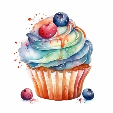 Watercolour of a cupcake, Clipart,Cartoon,hyper realistic, intricate detail isolated on a white background, high quality, sublimation, detailed, cartoon style