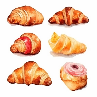 Watercolor Desserts Food Croissant Clipart , minimalist isolated white background, 8k