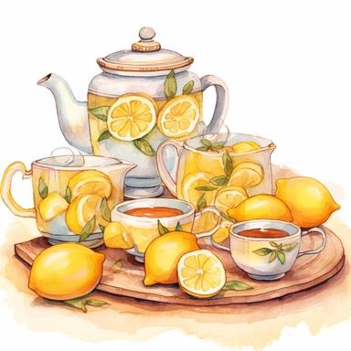 A watercolor illustration of a cozy and whimsical tea party scene, complete with an array of charming teacups and saucers adorned with delicate lemon slices. The tea set clipart should feature intricate floral patterns and intricate details, with the tea cups and teapot rendered in a sunny yellow hue. The overall style should be soft and dreamy, evoking the feeling of a lazy afternoon spent sipping tea with friends in a lush garden.