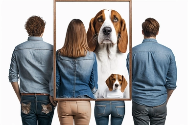 portrait of a family , faceless people, royal blue jeans,white shirt, a beagle,black,brown, white angora rabbit,in a pack of one wall frame, design clipart, white background,