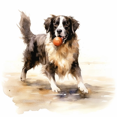 Landseer, Playing Fetch, watercolor, Clipart, white background, no text, no caption