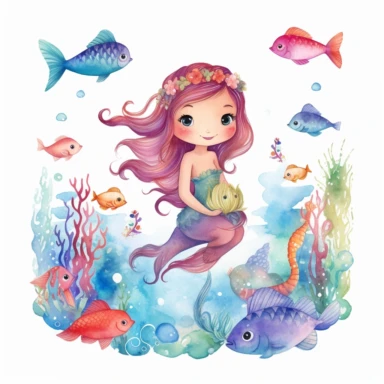 Ghibi mermaid clipart in watercolor with white background, she is swimming, surrounded by colorful fishies, for kids, 8k, higher resolution, svg