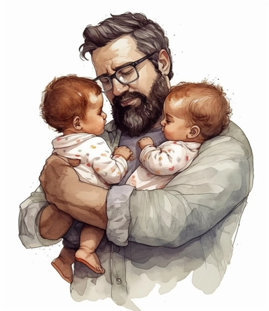 DESIGN A MAGNIFICENT AND EXQUISITE BREATHTAKING ONE-OF-A-KIND HIGH QUALITY HIGHLY DETAILED MASTERPIECE WATERCOLOR CLIPART ILLUSTRATION OF A father holding two babies, in the style of realistic watercolor paintings, digital art techniques, sketchfab, realistic perspective, animated gifs, photo-realistic, persian miniature, ULTRA REALISTIC, WHITE BACKGROUND, NO FONT, NO TEXT, NO WORDS, NO WATERMARK