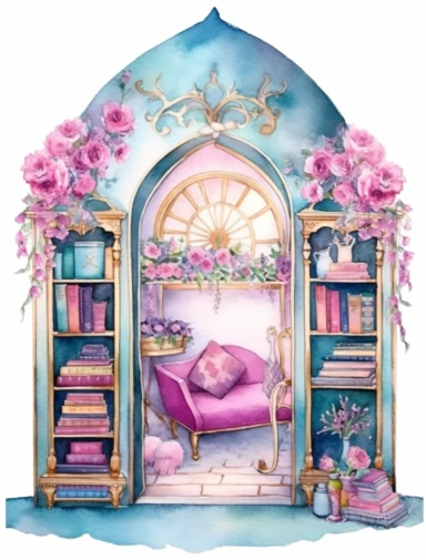 watercolor, a fairytale book nook with flowers and books, in the style of light magenta and aquamarine, arabesque, light magenta and gold, goa-insprired motifs, bloomcore, mysterious backdrops, clipart on white background.