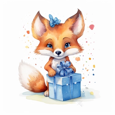 A Cute fox holding birthday present, disney style, clip art, handpaint, watercolor art style, white background