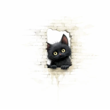 back high level view, cute black cat waiting before mouse whole in wall, illustration, white background, clipart, nursery illustration, illustration for children