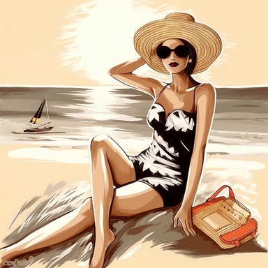 portrait view, full view, clipart illustration, beautiful lady sunbathing on beach, exact image, sharp focus, high detail, (--iw 5)