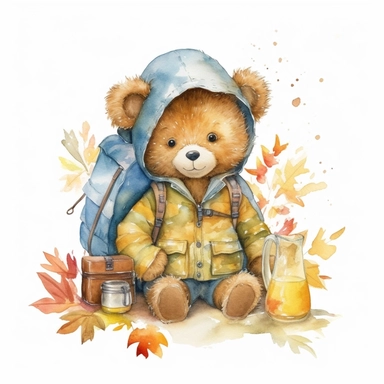 cute happy baby teddy bear wearing clothes camping activities clipart watercolor style in nature bright colors white background