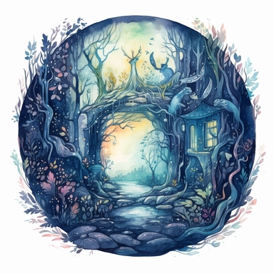 watercolor, hyper realistic, white background, white margins, 16k, ultra detailed clipart, cut out image, hand-drawn, whimsical a magical portal hidden deep in the heart of a dark forest with swirling colors and glowing runes. The color scheme should be a blend of deep blues, purples, and greens with hints of silver and gold.