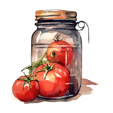 tomato mason jar watercolor clipart & clip art, in the style of light red and dark gray, narrative paneling, classic american cars, uhd image, hand lettering, depiction of rural life, wood