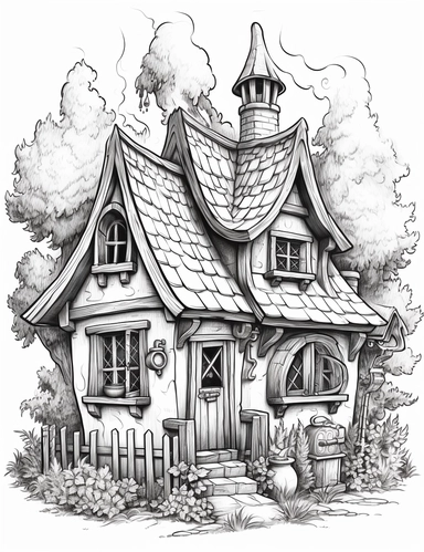 coloring book style, illustration clipart. Witch's Cottage: A cozy cottage nestled in the woods, where a friendly witch brews potions and tends to her magical garden. for coloring book with crispy lines and white background