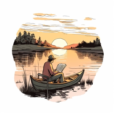 a serene clipart image showcasing a person sitting on a cozy blanket near a tranquil lake, engrossed in a book. You can add elements like a rowboat, a fishing rod resting nearby, and a gentle sunset or sunrise in the background to enhance the peaceful ambiance, isolated on white background