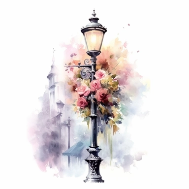 Victorian gas streetlamp clipart, soft pastel colors, soft pastel flowers, in the style of realistic watercolors, feminine sensibilities, detailed illustrations, made of all of the above, in style of Willem Haenraets, clean background, white background, on a white background, no watermark