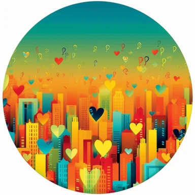 bright yellow background wallpaper seamless image, with colorful blue green red orange clip art Austin skyline, clip art hearts and music notes, opaque circle in middle for text paragraph