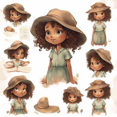 Little girl looking for her hat, character sheet, illustration for book, children's book, multiple positions,five years old, curly hair, dark brown hair,Watercolor Clipart, strybk, full Illustration, 4k, sharp focus, watercolor, smooth soft skin, symmetrical, soft lighting, detailed face, concept art, watercolor style, strybk, children's style fairy tales, chibi kawaii, . Octane rendering, 3d. Perfect face, detailed face, delicate face, perfect sharp lips, detailed eyes. Craig Davison, Aubrey Be