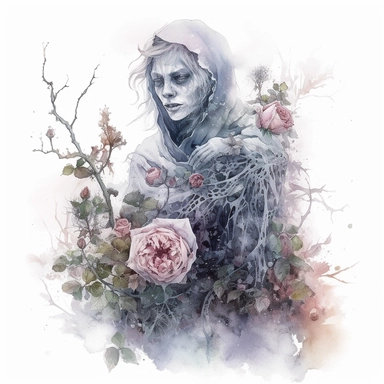 isolated on white illustration watercolor Biochromism art of a beautiful witch, white and light pink roses and flowers, covered with snow and ice, a lot of moss and branches, bakery shop, trees, lace and embroidery, masterpiece by Tomasz Alen Kopera style and by Carl Holsoe style and by Hannah Dale style and by Alexander Jansson style, PNG clipart, isolated on white, white background, extreme photorealistic details, 32k HD resolution, realistic high detailization high resolution