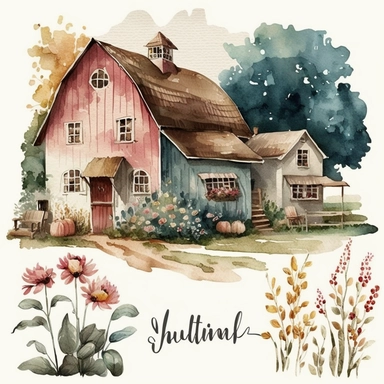 watercolor illustration, country, farm house clipart, cute, happy, adorable, high quality, for children, soft brush texture, soft colors