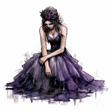 a gothic princess in her black and purple wedding gown crying aitting on the black floor highly detailed watercolor clipart