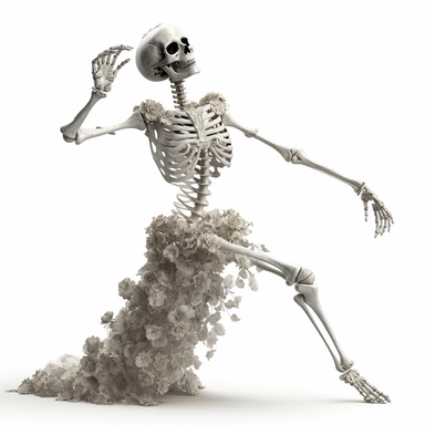 one floral dancing gothic skeleton, clipart, white background, 8k, high detail