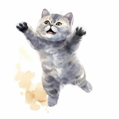 hand painted watercolor clipart, gray cream black colored british shorthair kitten jumping in the air and leaping forward wants to grab something, profile view, excited expression on face, childlike innocence and excitement, full body visible, hairs are visible, visible tail, I can't believe how cute, professional watercolor drawing, watercolor paper texture on drawing, isolated on white background