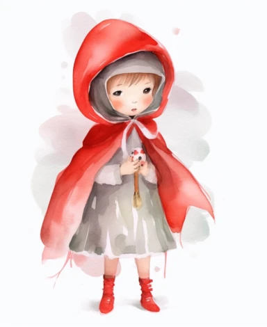little red riding hood, watercolor clipart, minimalist, isolated white background, cute, 8k, spacing, full body,