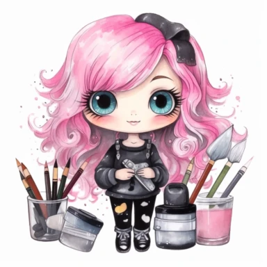 Watercolor funny create kawaii marbled black, silver, pink chibi with school supplies clipart, isolated