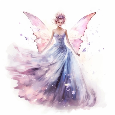 Create a magical clipart of a delicate and graceful fairy with a glowing aura. Make sure to highlight her intricate butterfly wings and flowing gown, capturing her ethereal beauty in a realistic watercolor style. The fairy should be surrounded by a plain, high contrast background to make her stand out even more.