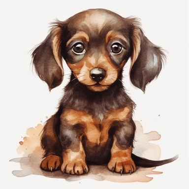 Cute dark brown baby Dachshund clipart ,happy expression, standing in dynamic pose, FLUFFY FUR,front view, in the style of watercolor cartoon clipart, kate greenaway style, high resolution, composition free space, vibrant color scheme, watercolour clipart,isolated white background, clipart most popular on etsy, book illustration, featured on dribble,print on demand image, PNG tranparent background,composition close-up shot, no text