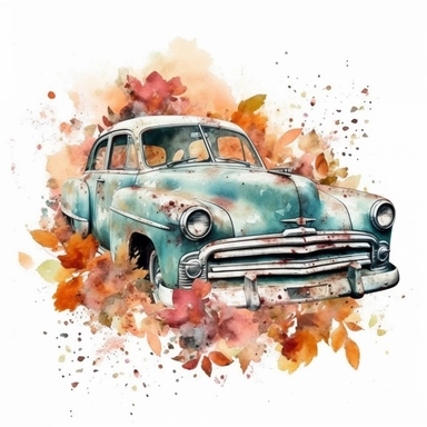Vintage Car standing over by colorful Flowers and dry Leaves ,Watercolor,Clipart,Isolated, White background