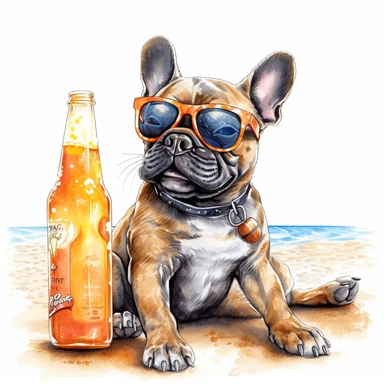 create a one of a kind high quality highly detailed saturated beautiful SUMMER BEACH THEMED themed watercolor clipart illustration of a happy and smiling SMALL FRENCH BULLDOG puppy with loving eyes on a sandy beach sitting next to a bottle of suntan lotion wearing sunglasses, include a sunset, WHITE BACKGROUND, NO FONT, NO TEXT, NO WORDS, NO WATERMARK