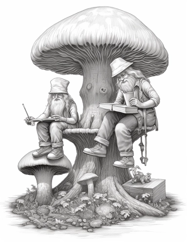 light gray and bubbles, two humanoid reading gnomes on a huge mushroom, highly detailed clipart, hdr, 32K, photo expert quality, greatest for coloring realistic, hyperrealistic and highly detailed, coloring book pages, isolated on a white background